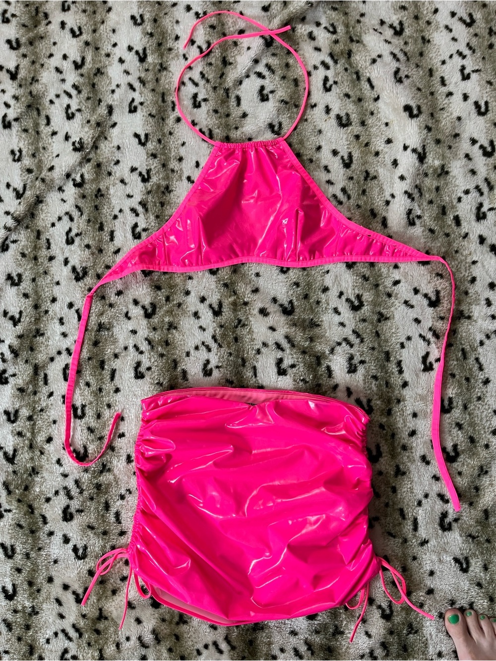 Dolls Kill Hot Pink Vinyl Halter Top and Skirt Set